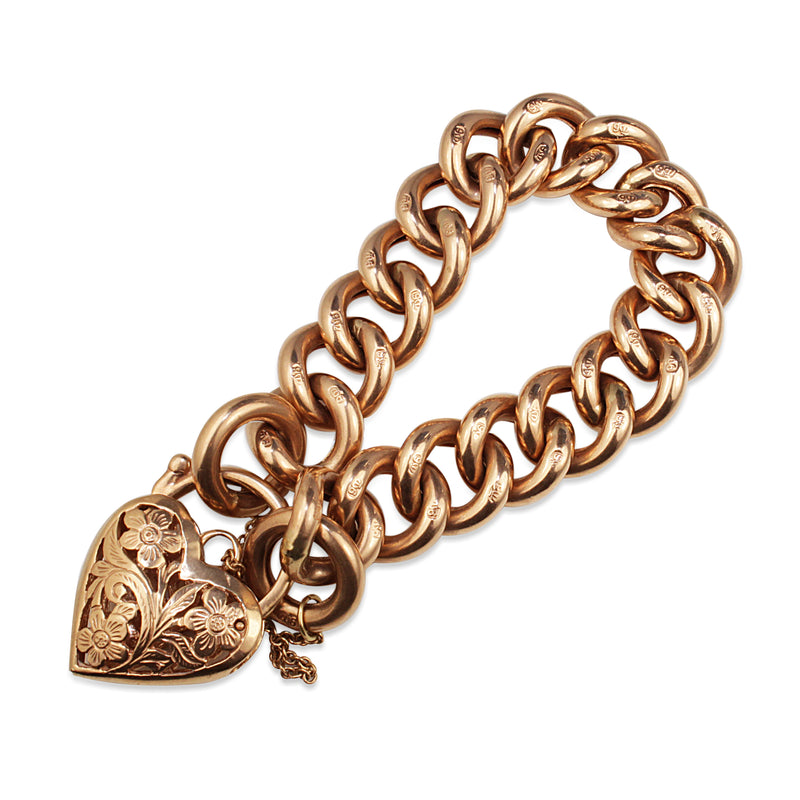 9ct Rose Gold Hollow Curb Link Bracelet with Filigree Padlock Clasp