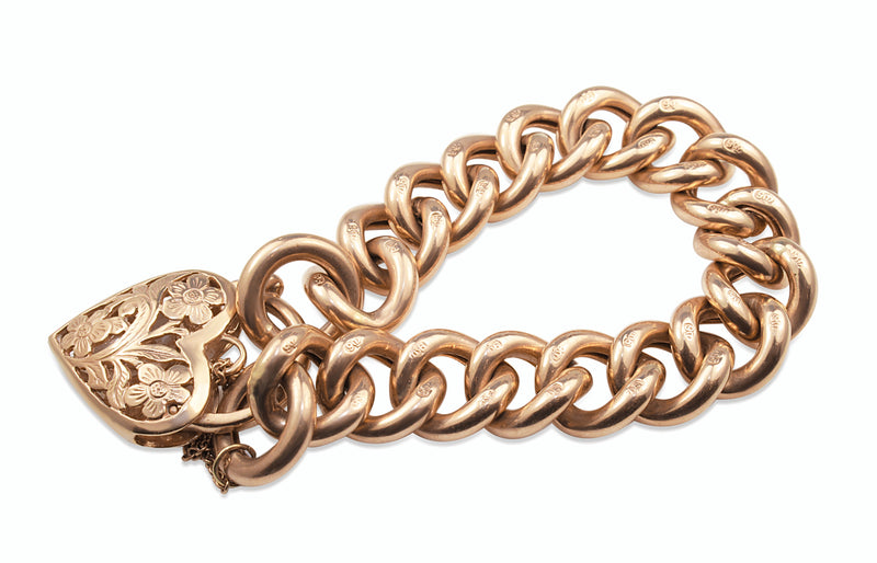 9ct Rose Gold Hollow Curb Link Bracelet with Filigree Padlock Clasp