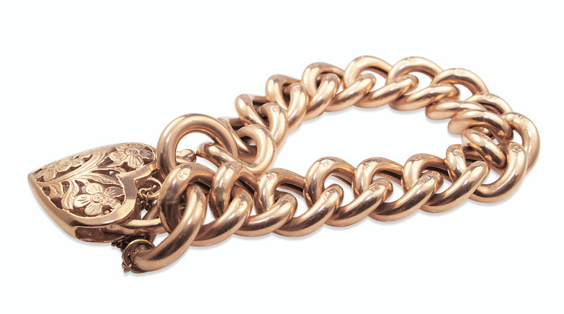 9ct Rose Gold Hollow Curb Link Bracelet with Filigree Padlock Clasp