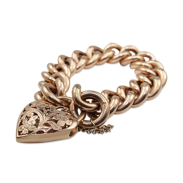 9ct Rose Gold Hollow Curb Link Bracelet with Filigree Padlock Clasp