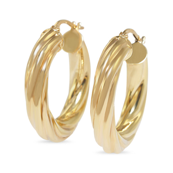 9ct Gold 25mm Diamond Cut Double Twist Hoop Earrings With Cubic Zirconia Ball
