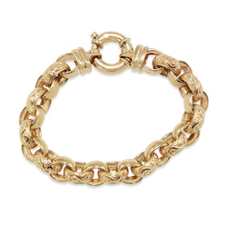 9ct Yellow Gold Oval Etched Belcher Link Bracelet with Bolt Clasp