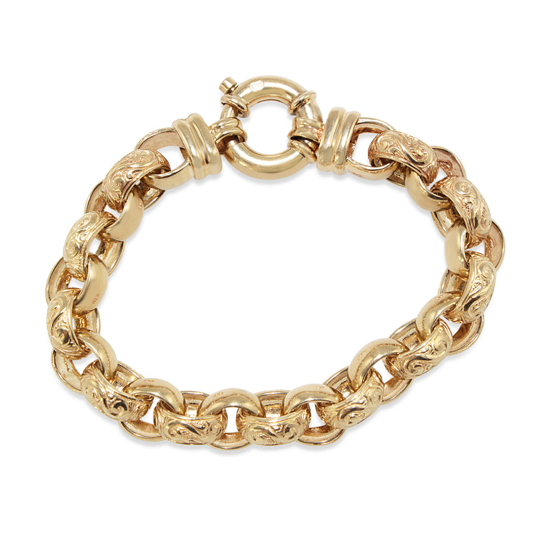 9ct Yellow Gold Oval Etched Belcher Link Bracelet with Bolt Clasp