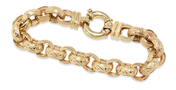 9ct Yellow Gold Oval Etched Belcher Link Bracelet with Bolt Clasp
