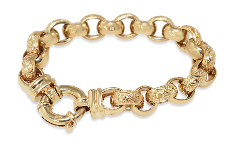 9ct Yellow Gold Oval Etched Belcher Link Bracelet with Bolt Clasp