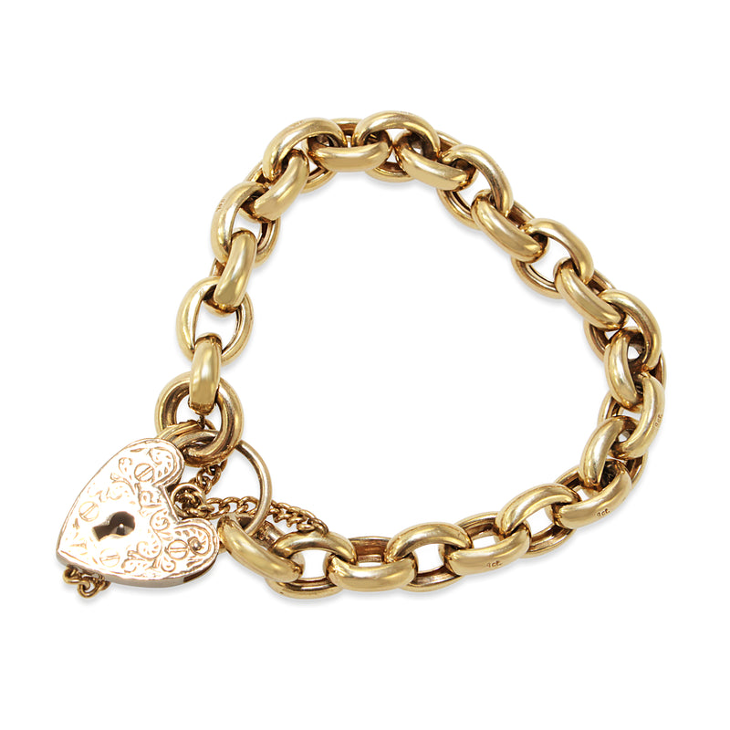 9ct Yellow Gold Oval Belcher Link Bracelet with Engraved Heart Padlock