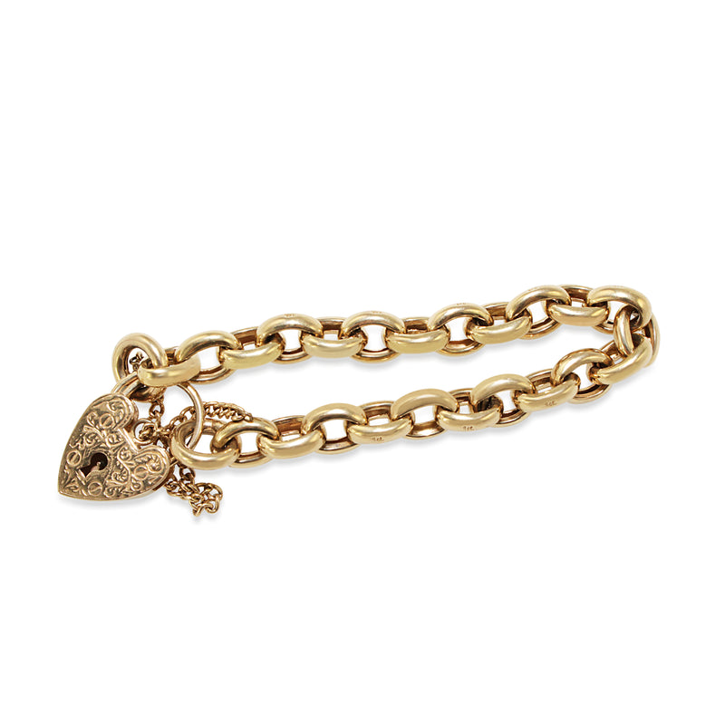 9ct Yellow Gold Oval Belcher Link Bracelet with Engraved Heart Padlock