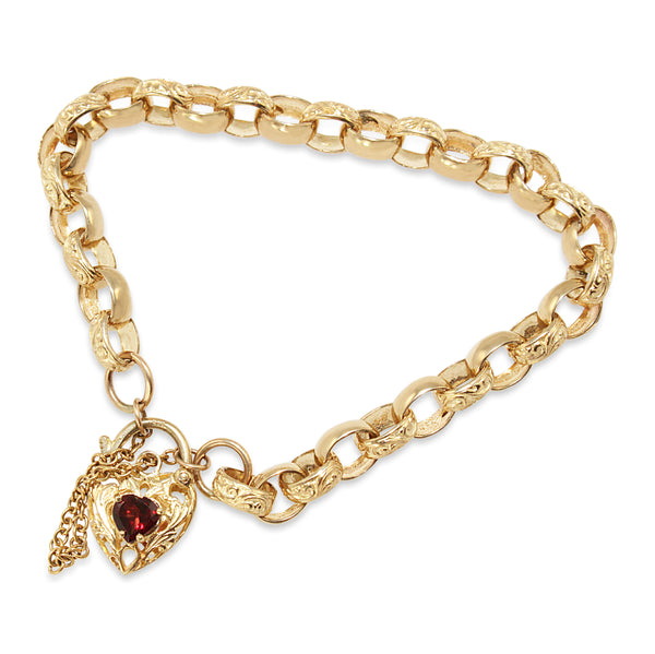 9ct Yellow Gold Oval Belcher Link Bracelet With Etched Links and Garnet Padlock Clasp