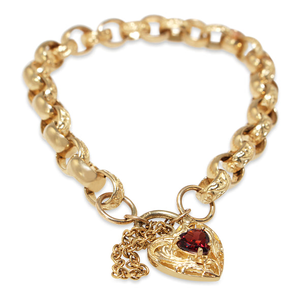 9ct Yellow Gold Oval Belcher Link Bracelet With Etched Links and Garnet Padlock Clasp