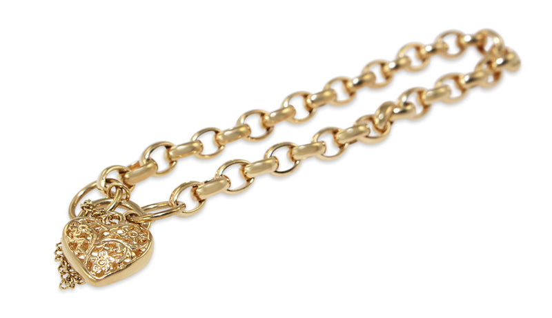 9ct Yellow Gold Oval Belcher Link Bracelet with Filigree Padlock Clasp