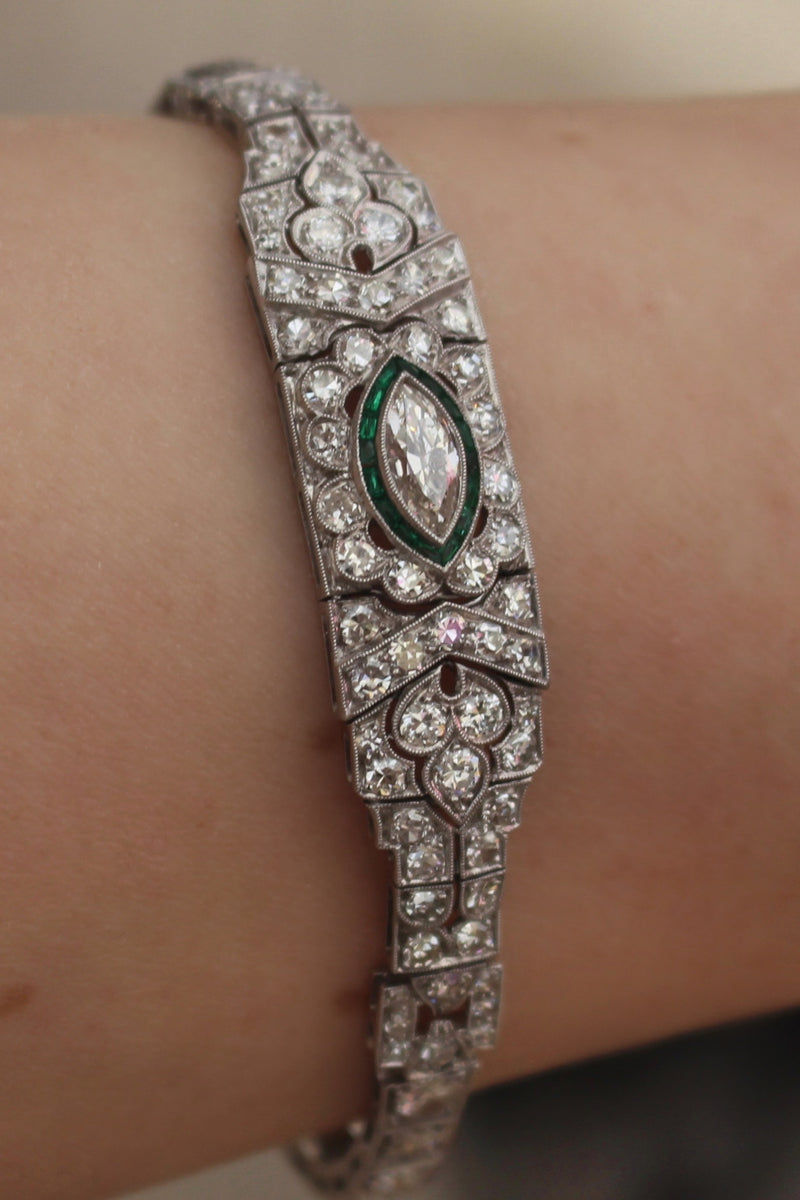 Platinum Art Deco Emerald and Diamond Bracelet