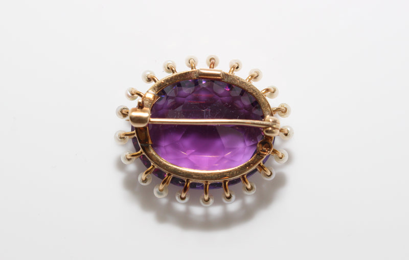 14ct Yellow Gold Antique Amethyst and Pearl Brooch