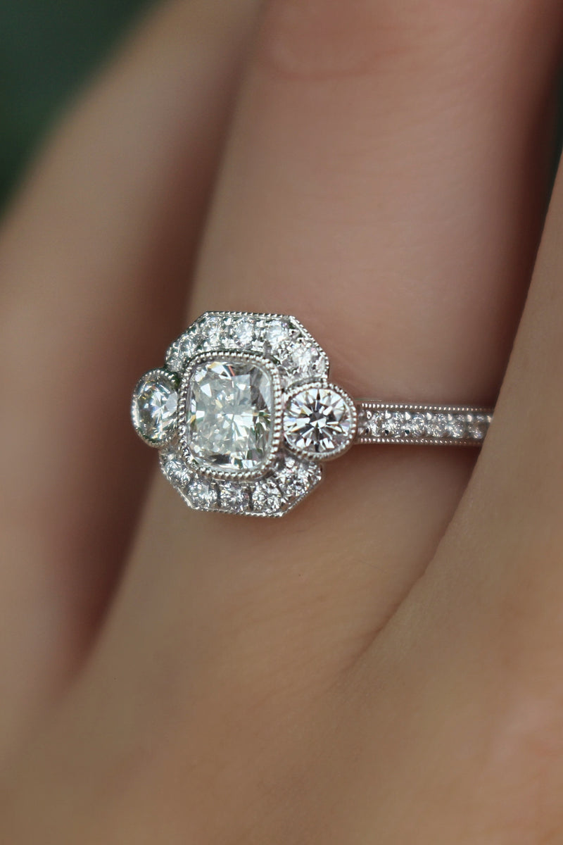 18ct White Gold Art Deco Style 3 Stone Cushion Diamond Halo Ring