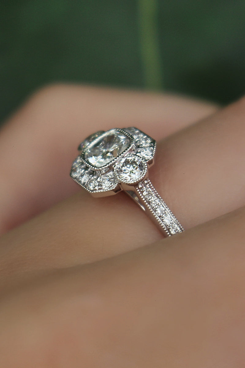 18ct White Gold Art Deco Style 3 Stone Cushion Diamond Halo Ring