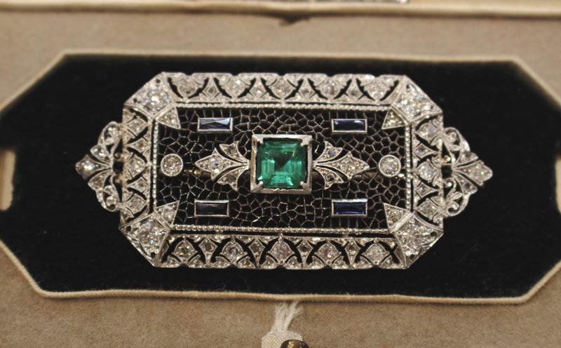 18ct White Gold Antique Emerald, Sapphire and Diamond Brooch