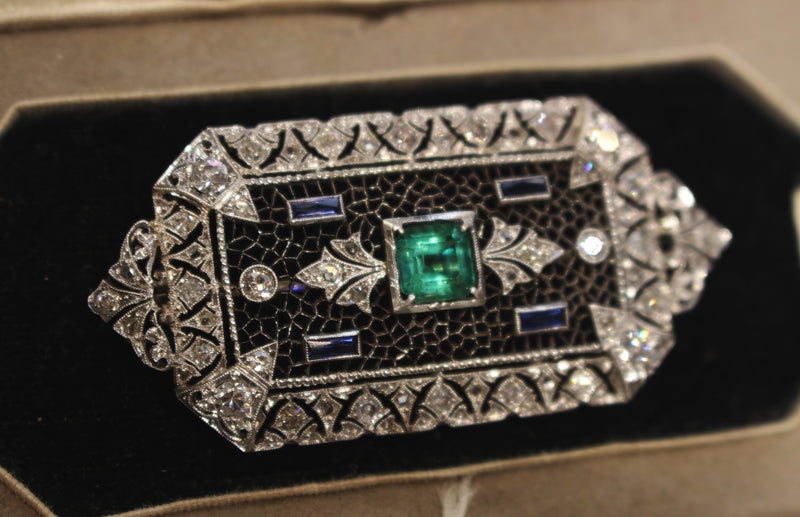 18ct White Gold Antique Emerald, Sapphire and Diamond Brooch