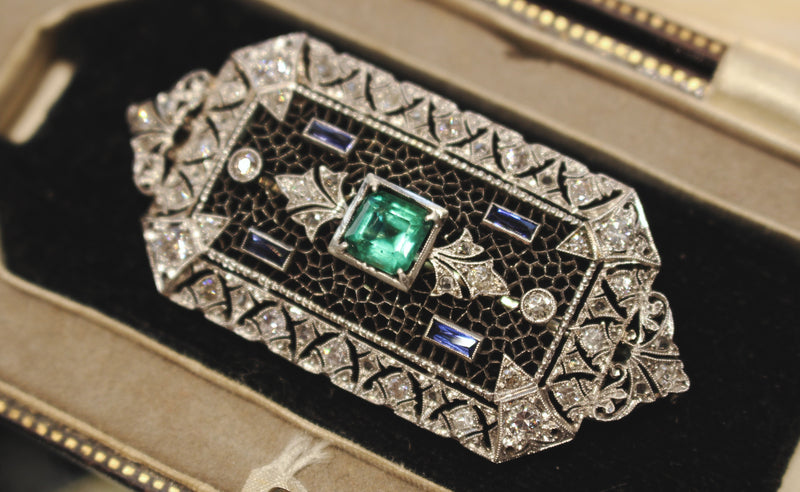 18ct White Gold Antique Emerald, Sapphire and Diamond Brooch