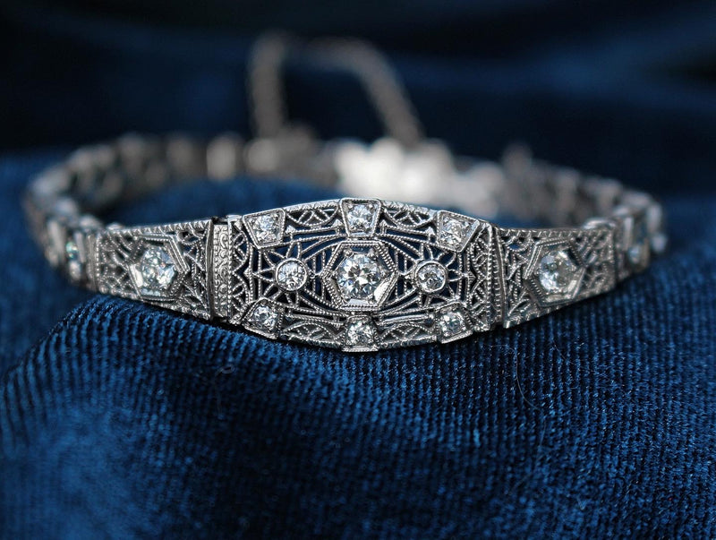 14ct White Gold Art Deco Old Cut Diamond Filigree Bracelet