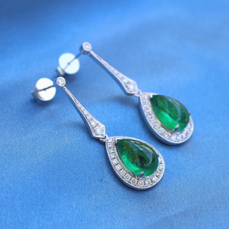 18ct White Gold Cabochon Emerald and Diamond Drop Earrings