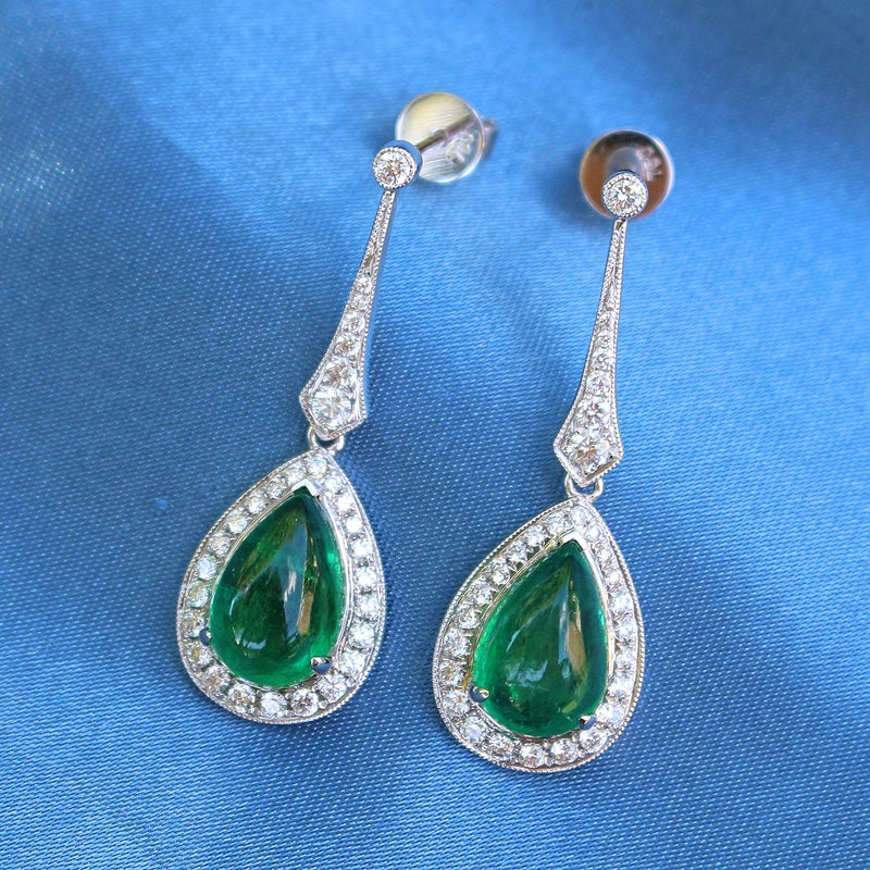 18ct White Gold Cabochon Emerald and Diamond Drop Earrings