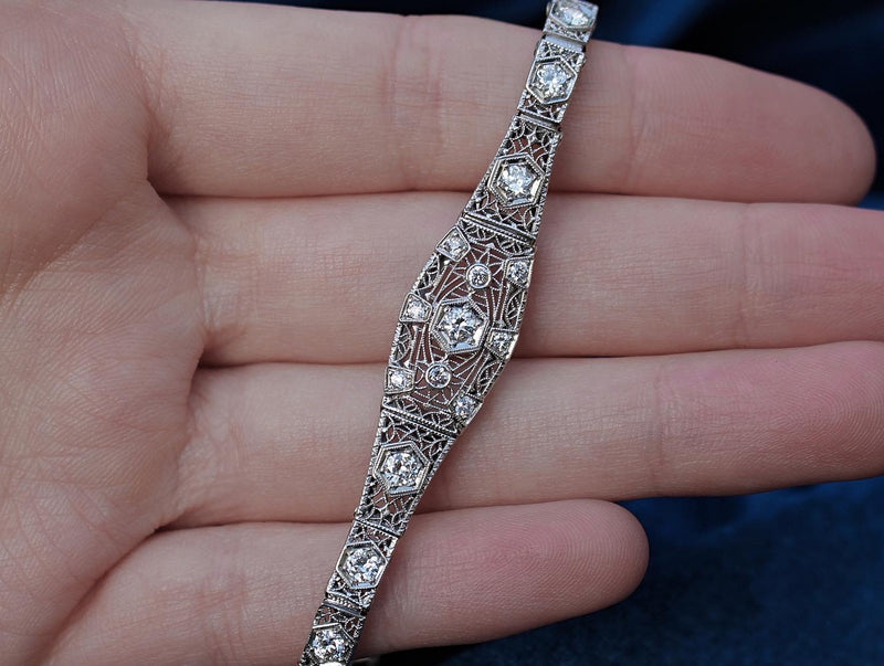 14ct White Gold Art Deco Old Cut Diamond Filigree Bracelet