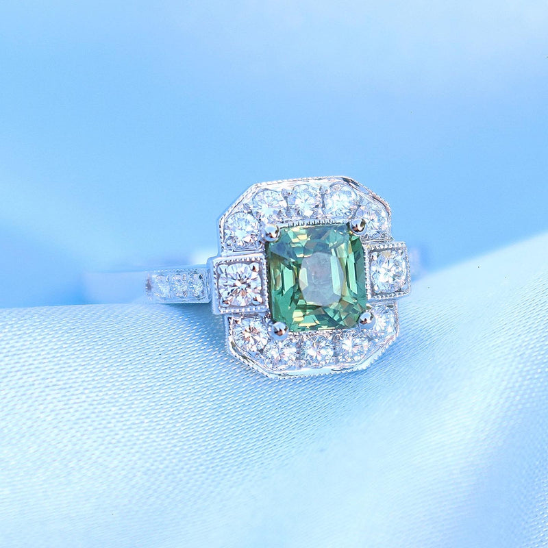 18ct White Gold Deco Style Green Sapphire and Diamond Ring