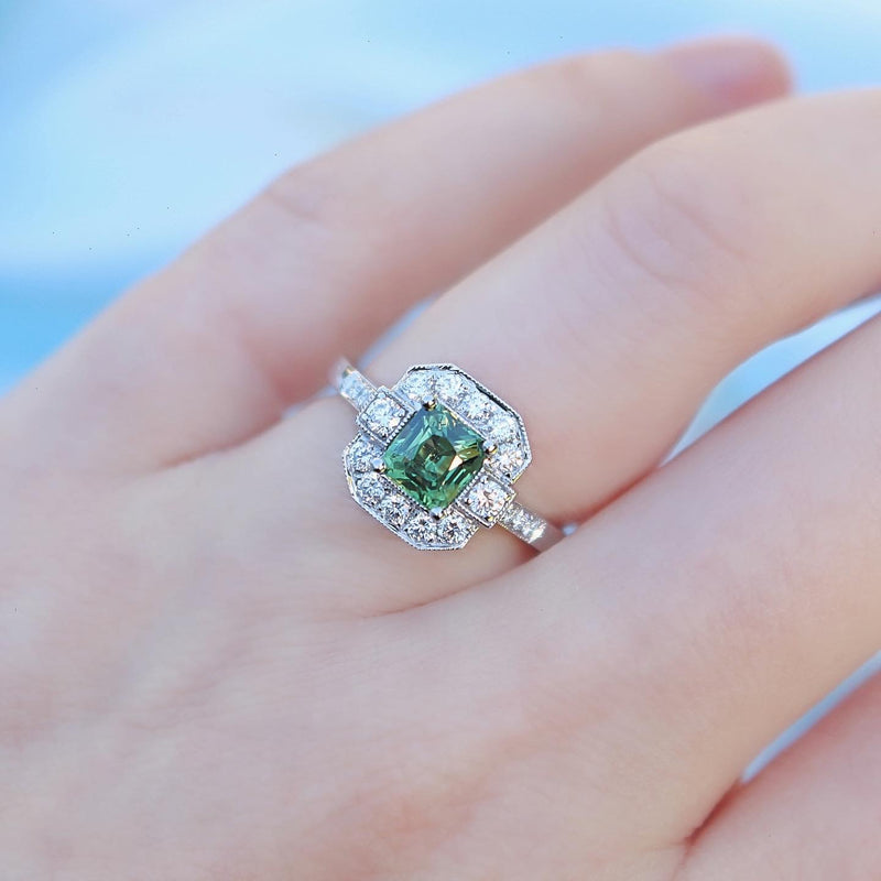 18ct White Gold Deco Style Green Sapphire and Diamond Ring