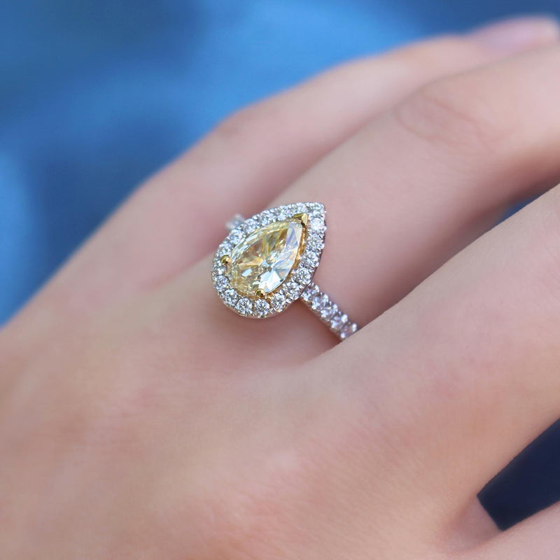 18ct Yellow and White Gold Fancy Yellow Pear Diamond Halo Ring