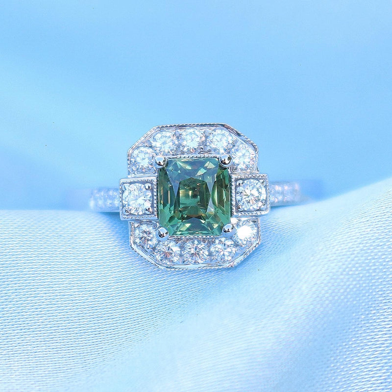 18ct White Gold Deco Style Green Sapphire and Diamond Ring