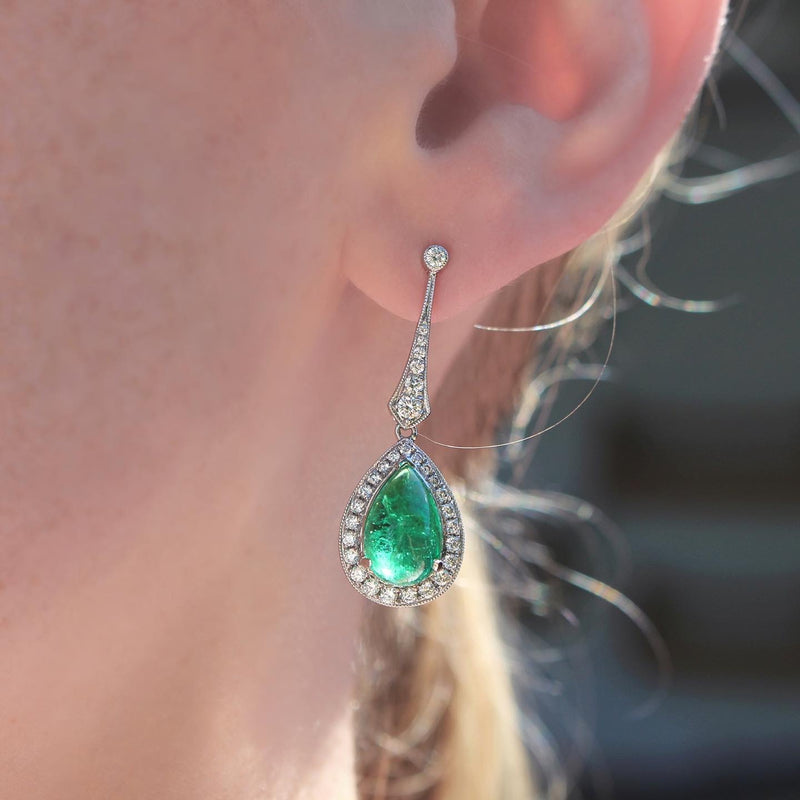 18ct White Gold Cabochon Emerald and Diamond Drop Earrings