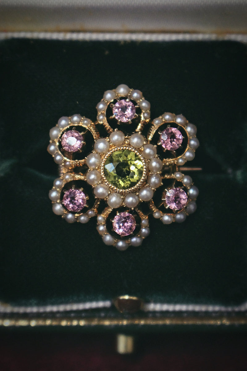 15ct Yellow Gold Antique Suffragette Tourmaline, Pearl and Peridot Brooch